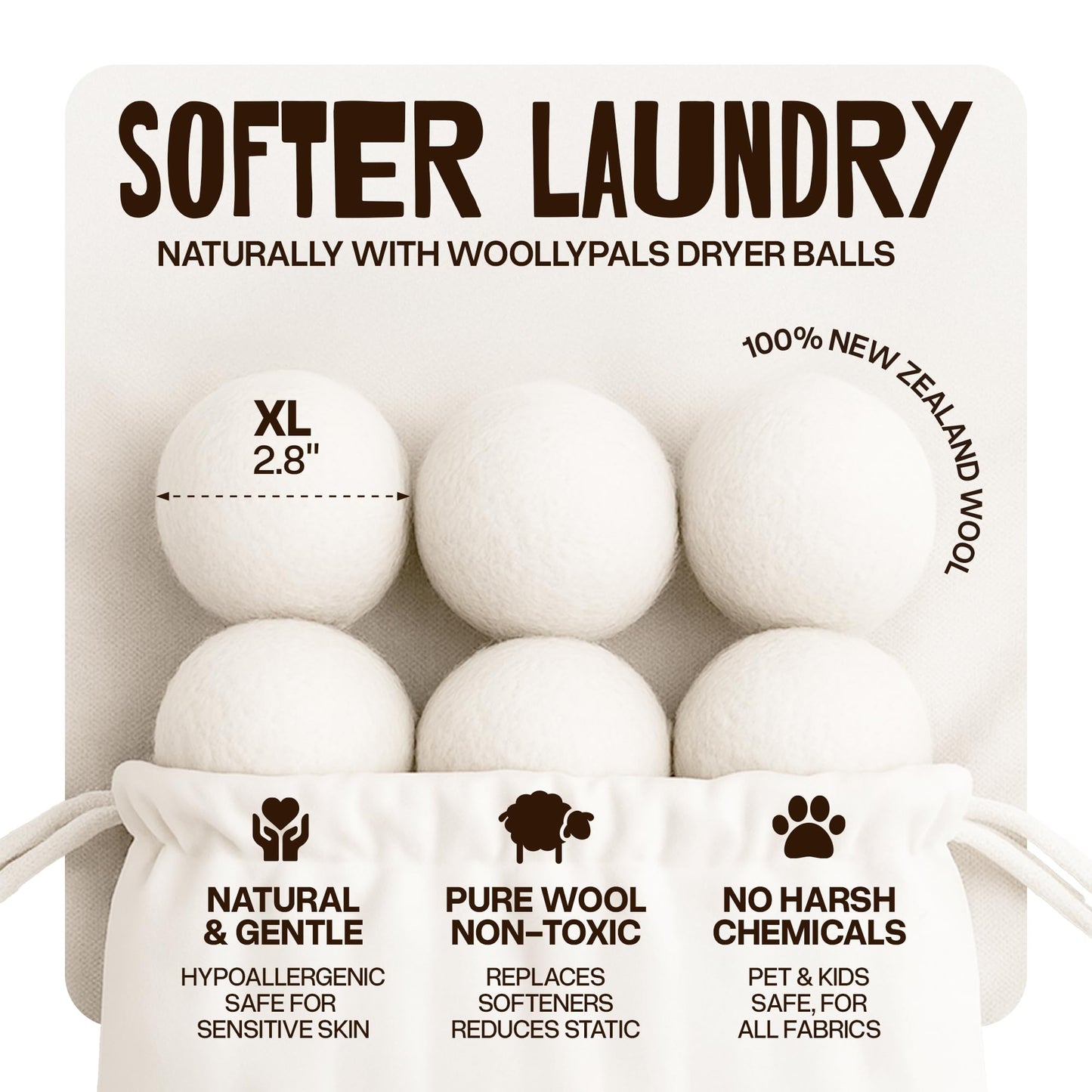 WoollyPals Dryer Balls (6-Pack, XL Size) - 100% New Zealand Wool - No More Dryer Sheets - Eco Dryer Balls - Reusable - Softens Laundry - Reduces Drying Time & Static - with Storage Bag (Plain White)