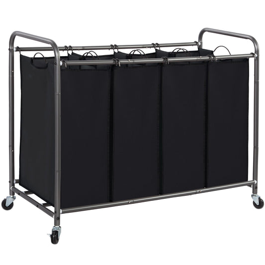 STORAGE MANIAC Laundry Sorter 4 Section, 47.8 Gal (181 L) Laundry Hamper with Wheels, Clothes Divider Basket Sorter, Clothes Separator Hamper Cart with Wheels and Removable Bags, Black