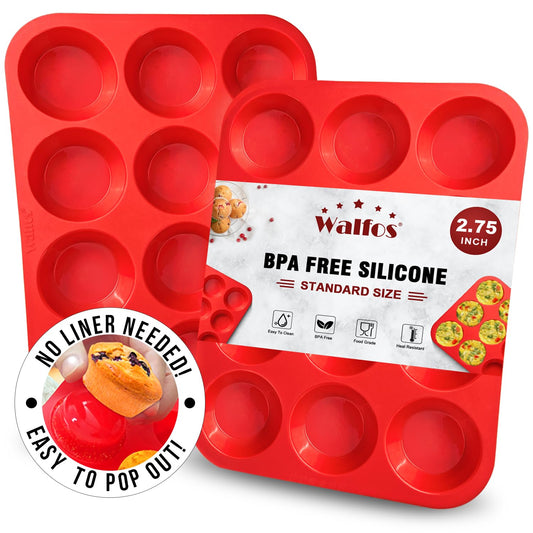 Walfos Muffin Pan Set - 12 Cups Regular Silicone Cupcake Pan, Non-stick and BPA Free, Great for Making Muffin Cakes, Tart, Fat Bombs - Dishwasher Safe, 2-Piece